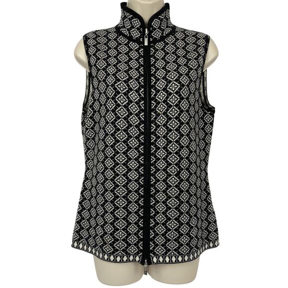 Neve Merino Wool Sweater Vest Women Medium Black White Full Zip Nordic Fair Isle - Picture 1 of 11